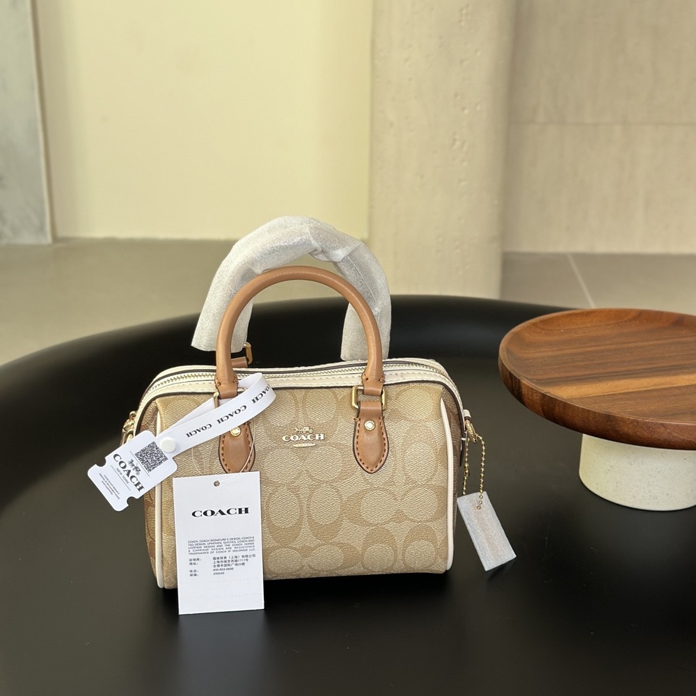 Coach Beige Signature Satchel with Tan Leather Handles and Gold Hardware - Picture 5 of 7